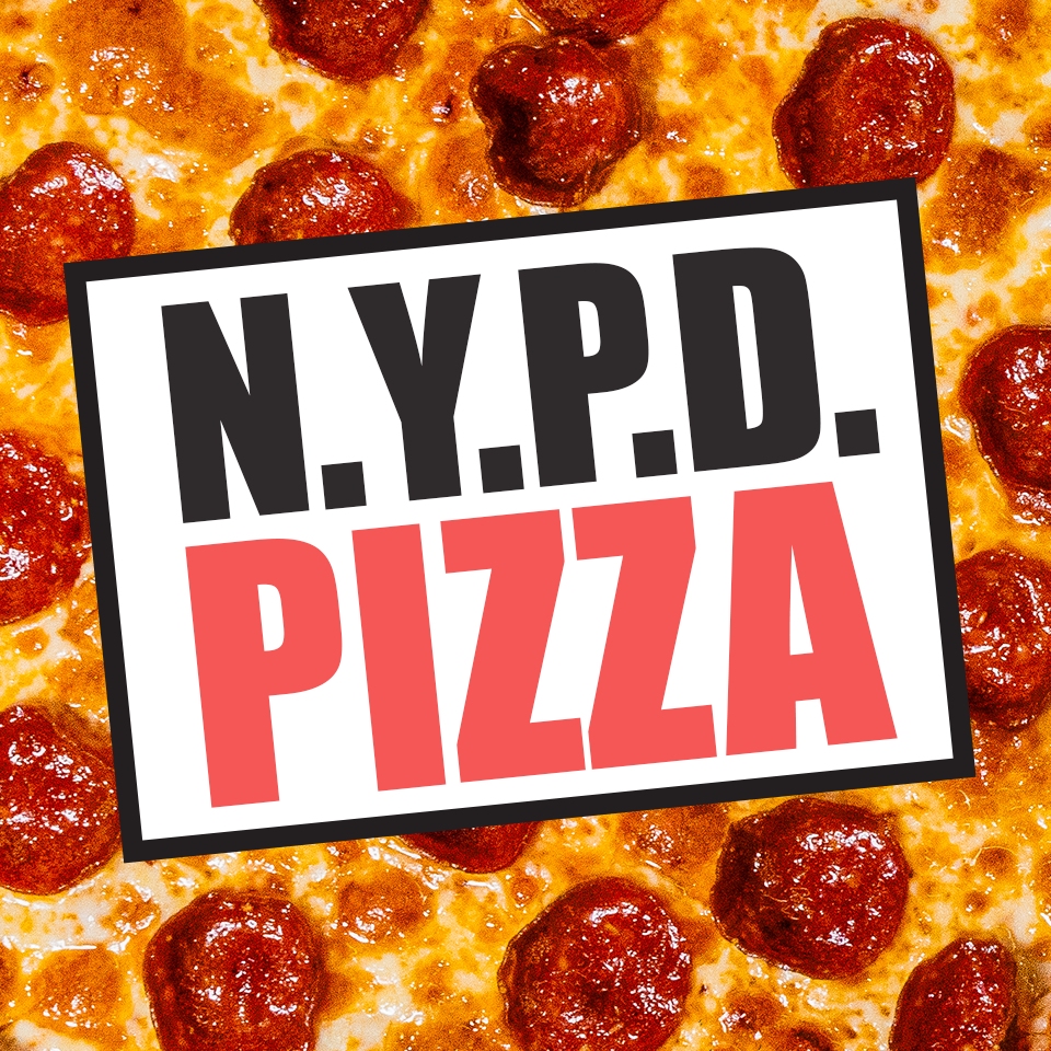 photo of n y p d pizza logo with a pepperoni pizza background