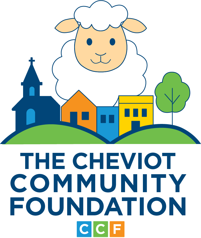 The Cheviot Community Foundation or CCF with church house two businesses and a giant cute sheep standing over top of them.