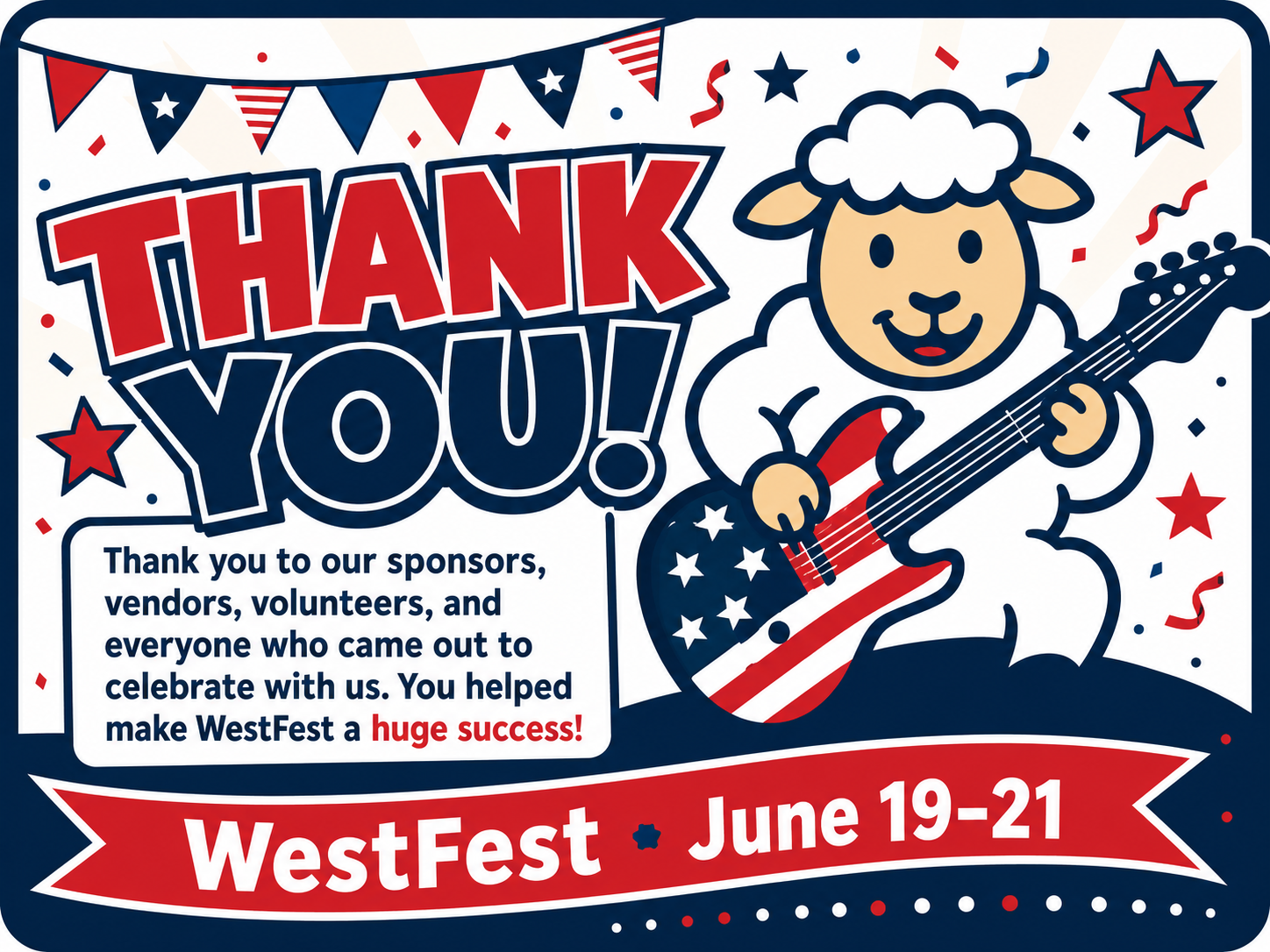 Our CCF sheep cartoon holding a america themed guitar with a sign that says thank you and thanks our buest and sponsors